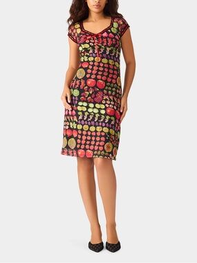 Betsey Johnson Black Fruit-Print Cap-Sleeve Dress